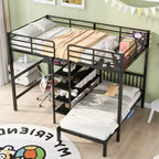 Lit superposé en métal une place et demie sur une place, lit mezzanine en L avec bureau et étagères intégrés