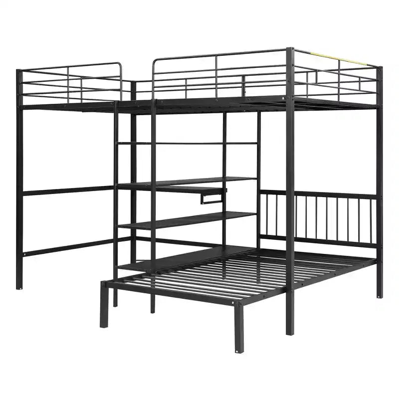 Lit superposé en métal une place et demie sur une place, lit mezzanine en L avec bureau et étagères intégrés