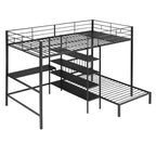 Lit superposé en métal une place et demie sur une place, lit mezzanine en L avec bureau et étagères intégrés