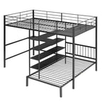 Lit superposé en métal une place et demie sur une place, lit mezzanine en L avec bureau et étagères intégrés