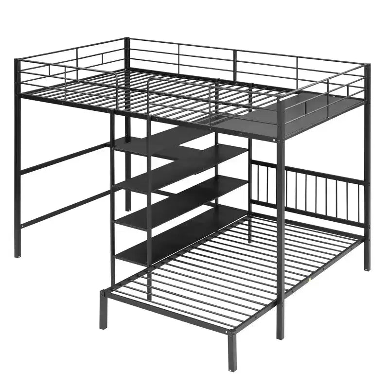 Lit superposé en métal une place et demie sur une place, lit mezzanine en L avec bureau et étagères intégrés