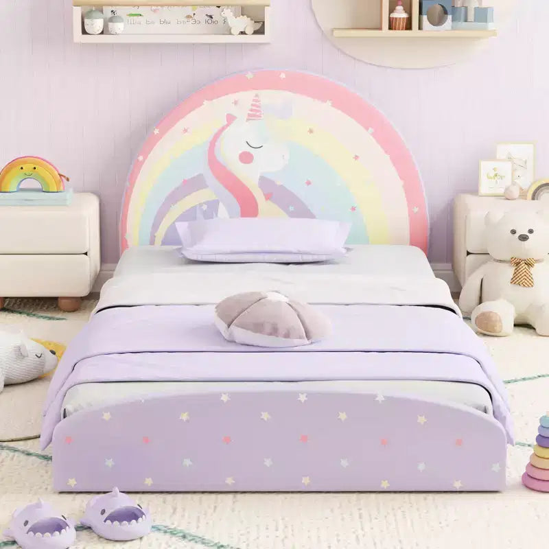 Cadre de lit double avec tapis de sol en tissu Oxford 210D, latte de support centrale violet/bleu
