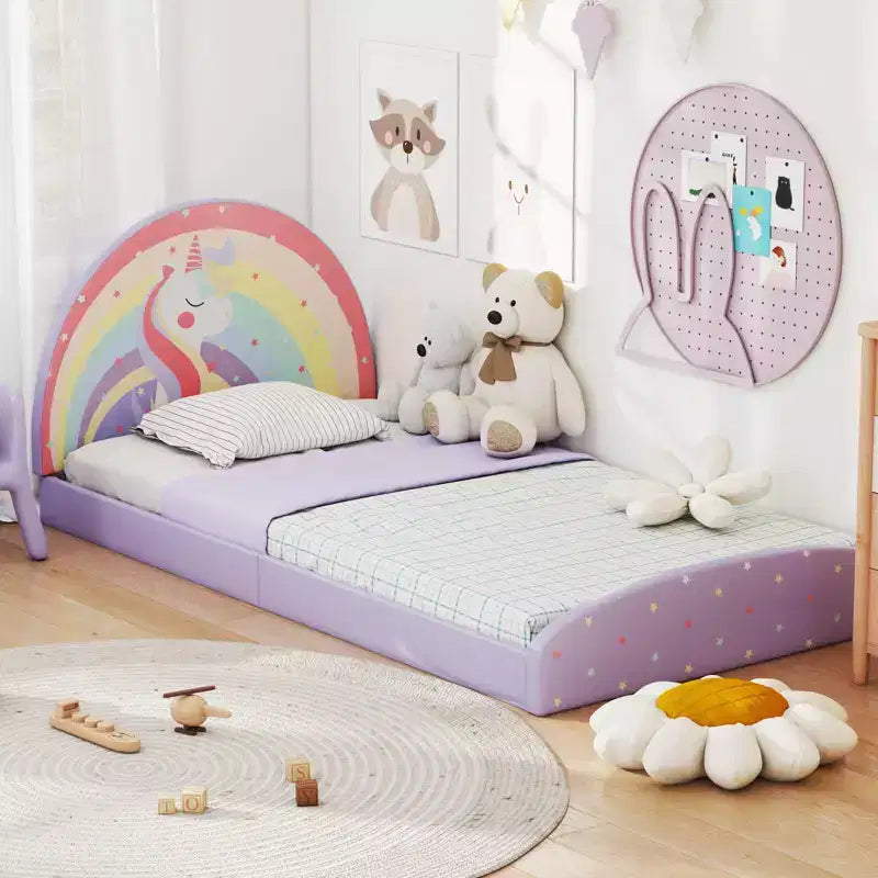 Cadre de lit double avec tapis de sol en tissu Oxford 210D, latte de support centrale violet/bleu