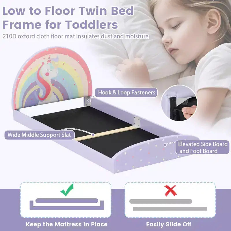 Cadre de lit double avec tapis de sol en tissu Oxford 210D, latte de support centrale violet/bleu