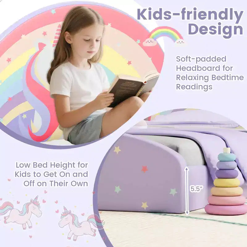 Cadre de lit double avec tapis de sol en tissu Oxford 210D, latte de support centrale violet/bleu