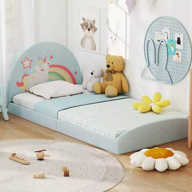 Cadre de lit double avec tapis de sol en tissu Oxford 210D, latte de support centrale violet/bleu