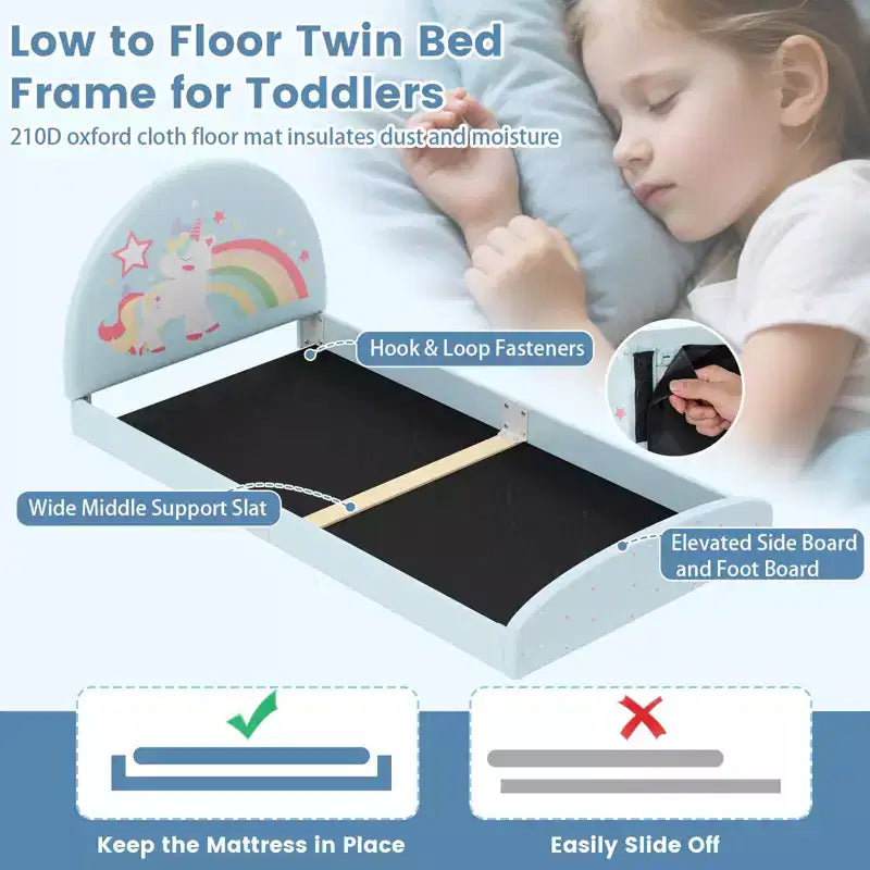 Cadre de lit double avec tapis de sol en tissu Oxford 210D, latte de support centrale violet/bleu