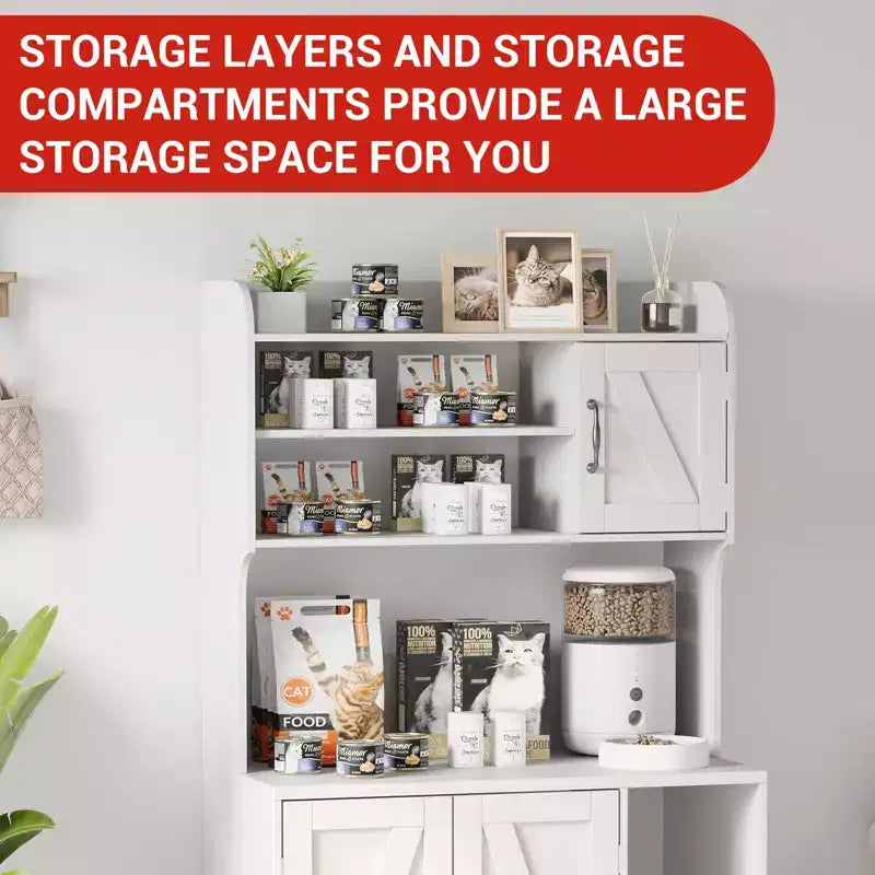 Meuble cache litière pour grand chat avec 3 étagères ouvertes, maison de toilettage style ferme avec armoire de rangement et tapis à griffer