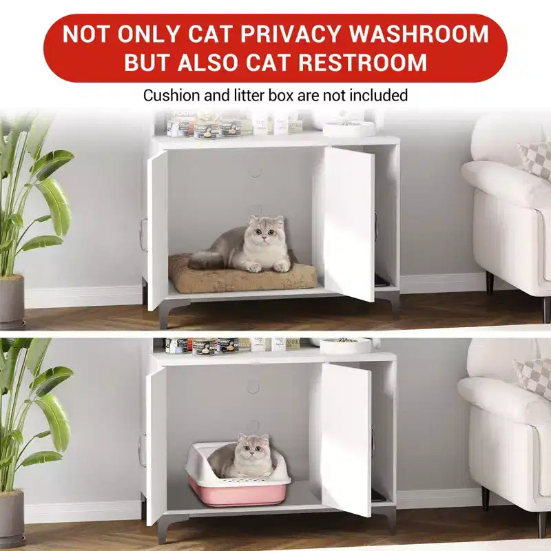 Meuble cache litière pour grand chat avec 3 étagères ouvertes, maison de toilettage style ferme avec armoire de rangement et tapis à griffer