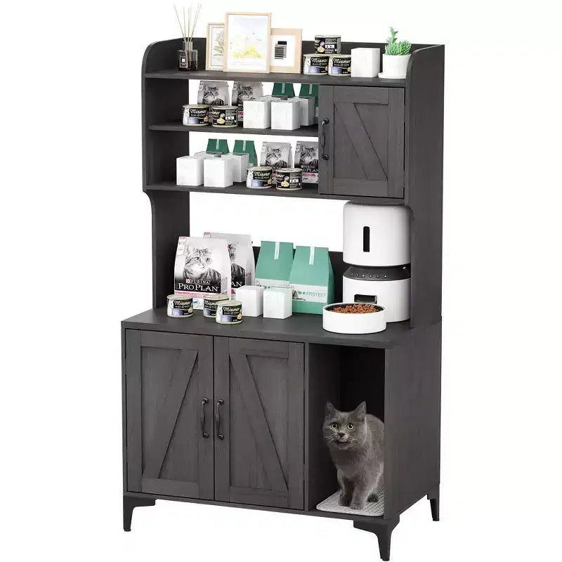 Meuble cache litière pour grand chat avec 3 étagères ouvertes, maison de toilettage style ferme avec armoire de rangement et tapis à griffer