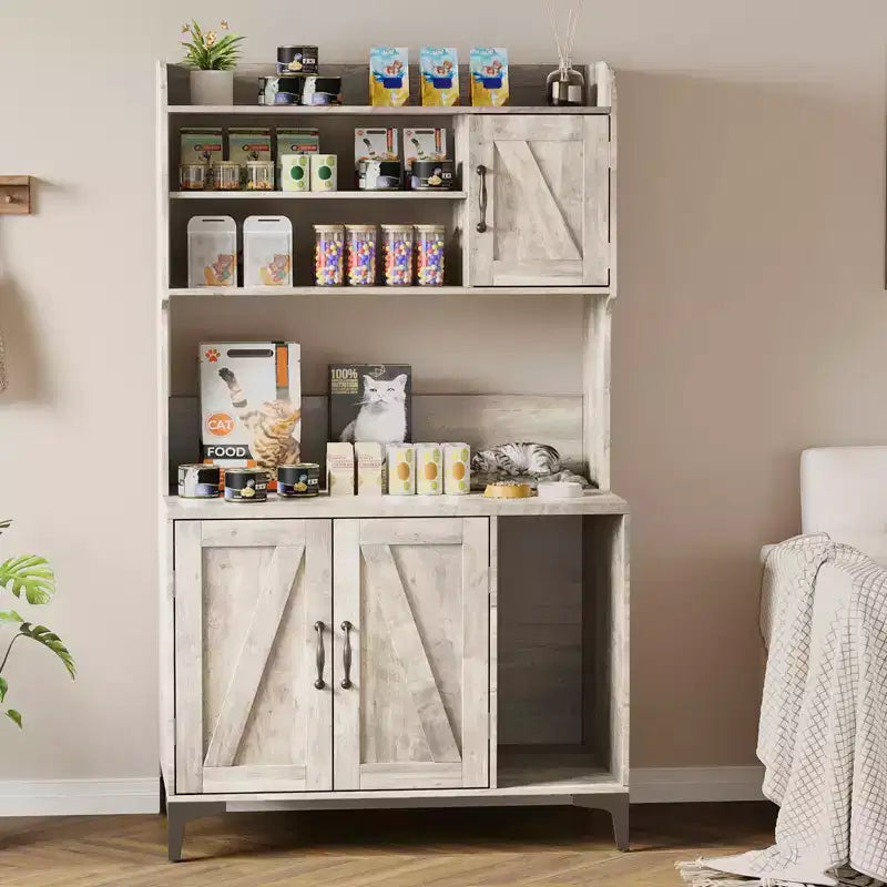 Large Cat Litter Box Enclosure Furniture with 3 Open Shelves, Farmhouse Style Pet House with Storage Cabinet & Scratch Pad