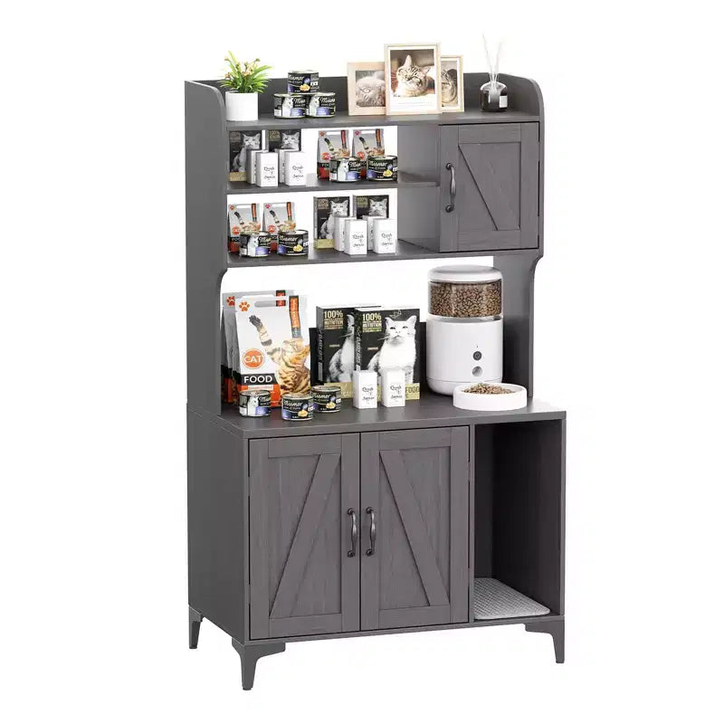 Meuble cache litière pour grand chat avec 3 étagères ouvertes, maison de toilettage style ferme avec armoire de rangement et tapis à griffer