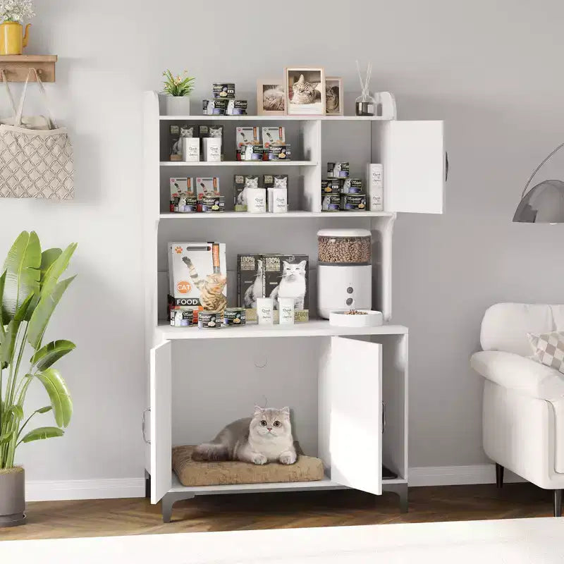 Meuble cache litière pour grand chat avec 3 étagères ouvertes, maison de toilettage style ferme avec armoire de rangement et tapis à griffer