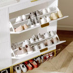 Meuble à chaussures de rangement pour entrée, meuble à chaussures basculant avec 2 tiroirs à abattant et panneau cannelé, étagère à chaussures étroite pour salon