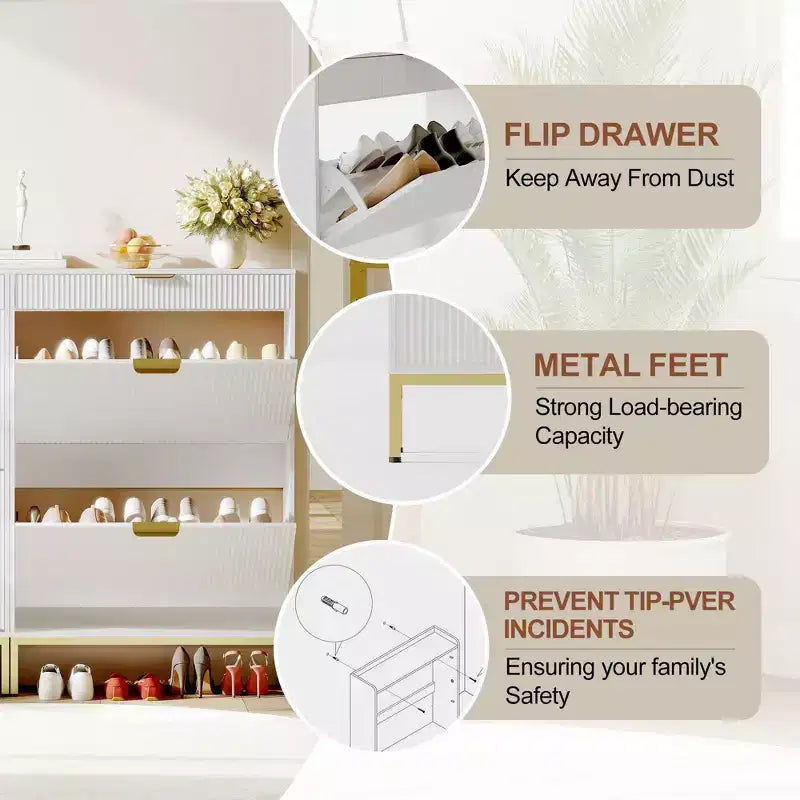 Meuble à chaussures de rangement pour entrée, meuble à chaussures basculant avec 2 tiroirs abattants et panneau cannelé, étagère à chaussures étroite pour salon