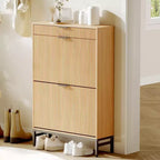 Meuble à chaussures de rangement pour entrée, meuble à chaussures basculant avec 2 tiroirs à abattant et panneau cannelé, étagère à chaussures étroite pour salon
