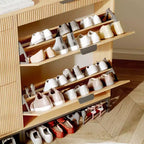 Meuble à chaussures de rangement pour entrée, meuble à chaussures basculant avec 2 tiroirs à abattant et panneau cannelé, étagère à chaussures étroite pour salon