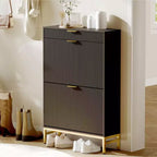 Meuble à chaussures de rangement pour entrée, meuble à chaussures basculant avec 2 tiroirs à abattant et panneau cannelé, étagère à chaussures étroite pour salon