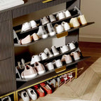 Meuble à chaussures de rangement pour entrée, meuble à chaussures basculant avec 2 tiroirs à abattant et panneau cannelé, étagère à chaussures étroite pour salon