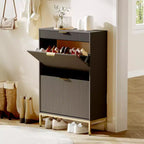Shoe Cabinet Storage for Entryway, Tipping Shoe Cabinet with 2 Flip Drawers Fluted Panel, Narrow Shoe Rack for Living Room