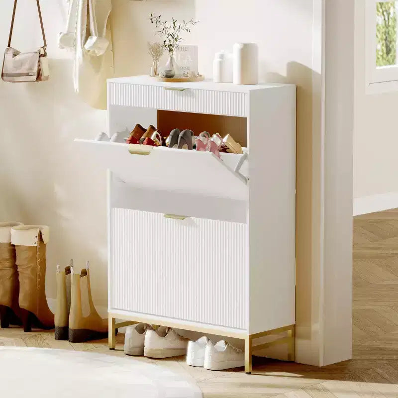 Meuble à chaussures de rangement pour entrée, meuble à chaussures basculant avec 2 tiroirs abattants et panneau cannelé, étagère à chaussures étroite pour salon
