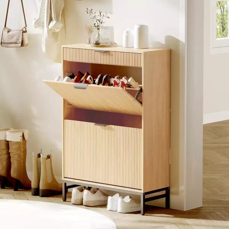 Meuble à chaussures de rangement pour entrée, meuble à chaussures basculant avec 2 tiroirs abattants et panneau cannelé, étagère à chaussures étroite pour salon