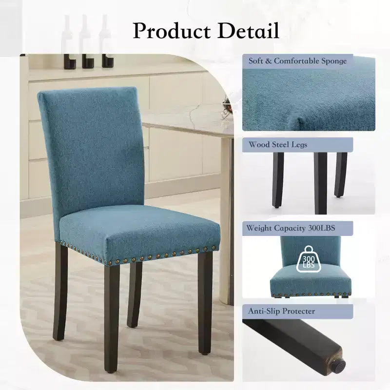 Lot de 2 chaises de salle à manger rembourrées avec garniture cloutée, chaises de salle à manger Parsons avec pieds en bois, chaises d'appoint en tissu pour la cuisine