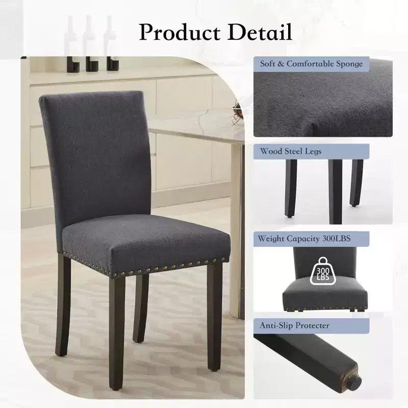 Lot de 2 chaises de salle à manger rembourrées avec garniture cloutée, chaises de salle à manger Parsons avec pieds en bois, chaises d'appoint en tissu pour la cuisine