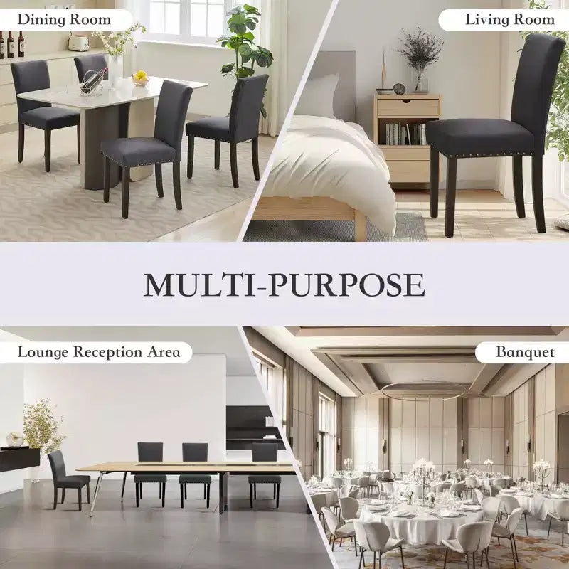 Lot de 2 chaises de salle à manger rembourrées avec garniture cloutée, chaises de salle à manger Parsons avec pieds en bois, chaises d'appoint en tissu pour la cuisine