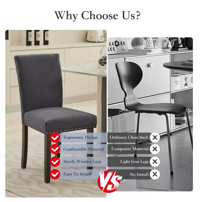 Lot de 2 chaises de salle à manger rembourrées avec garniture cloutée, chaises de salle à manger Parsons avec pieds en bois, chaises d'appoint en tissu pour la cuisine