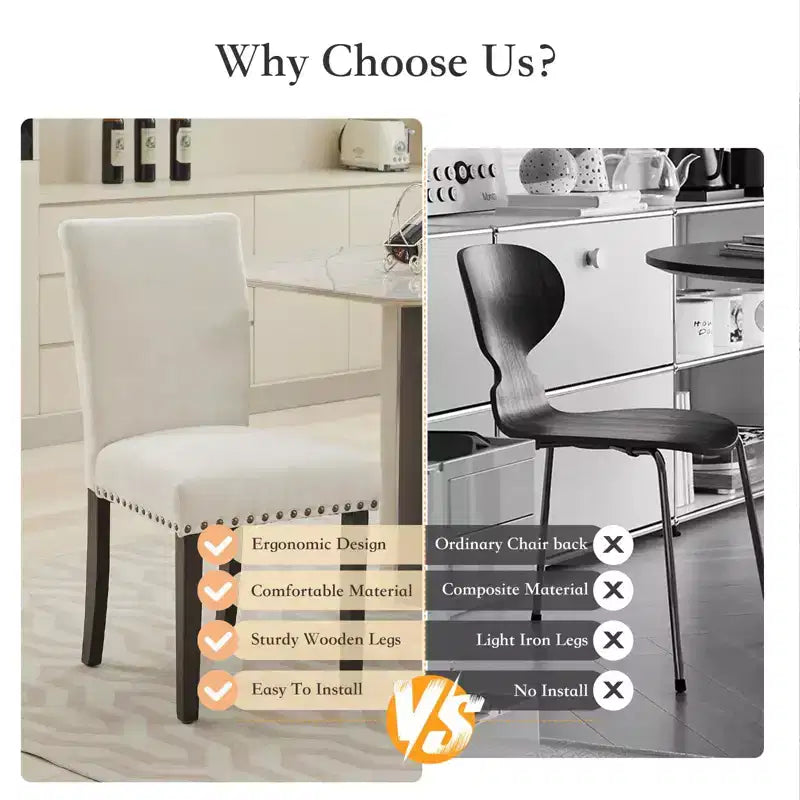 Lot de 2 chaises de salle à manger rembourrées avec garniture cloutée, chaises de salle à manger Parsons avec pieds en bois, chaises d'appoint en tissu pour la cuisine