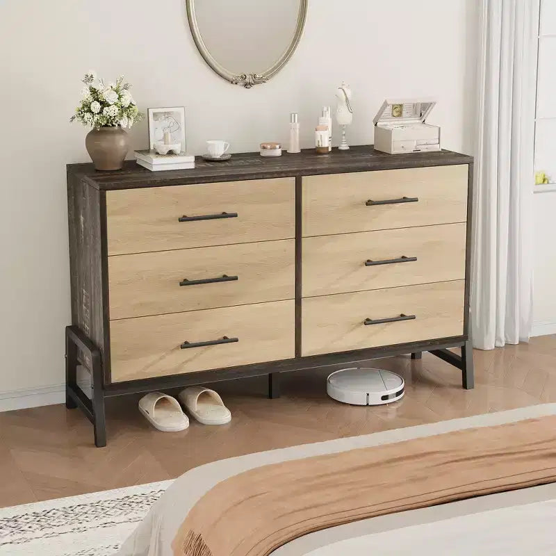 Commode de chambre à 6 tiroirs avec grand espace de rangement, Armoire en bois autoportante pour salon