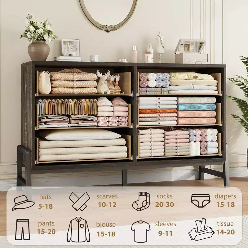 Commode de chambre à 6 tiroirs avec grand espace de rangement, Armoire en bois autoportante pour salon