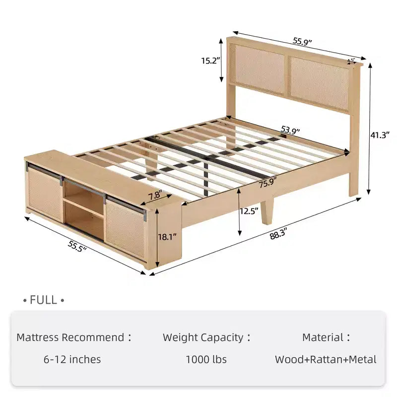 Cadre de lit double en rotin naturel avec armoires de rangement coulissantes de type grange et tête de lit intelligente lumineuse
