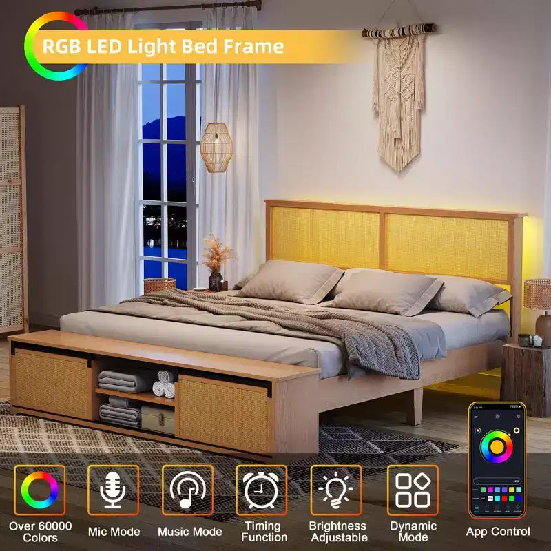 Cadre de lit double en rotin naturel avec armoires de rangement coulissantes de type grange et tête de lit intelligente lumineuse