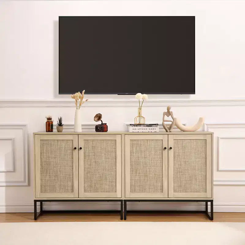 Meuble de Rangement en Rotin, Buffet de Cuisine, Meuble d'Entrée, Meuble TV, avec Étagères Réglables, Poignées en Métal pour Salon, Couleur Chêne + Noir