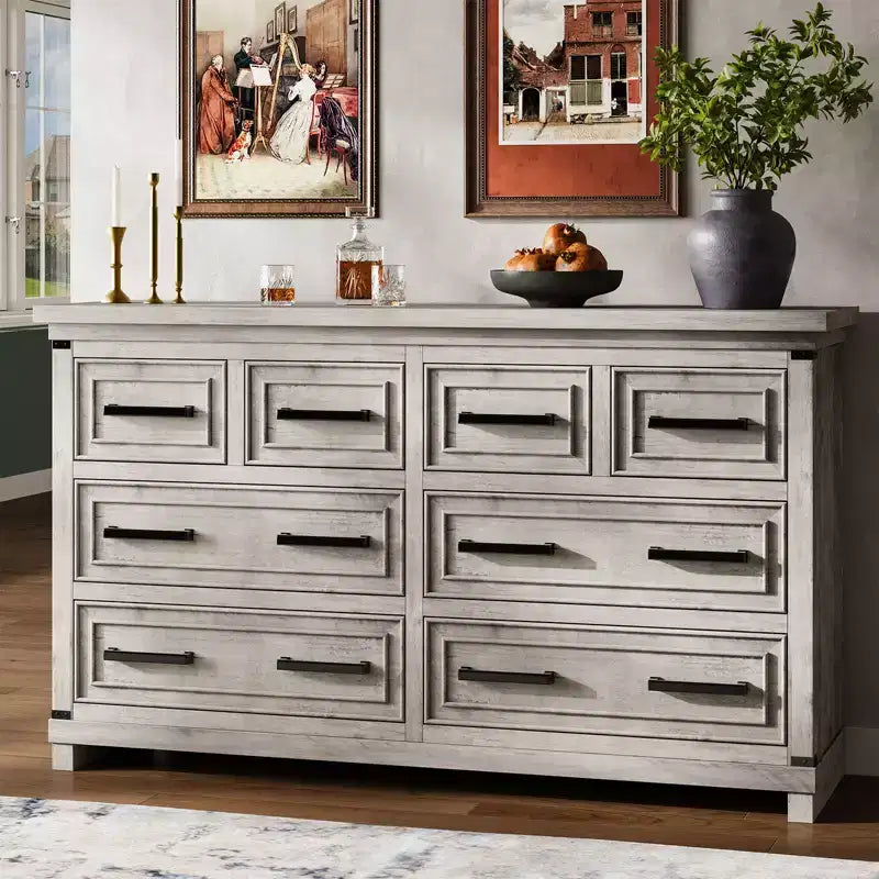 Commode de chambre à 8 tiroirs, 55 po de large, en bois avec poignées métalliques, grande commode meuble TV, organisateur de commodes de rangement pour placard, chambre à coucher