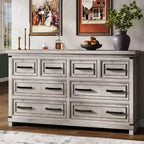 Commode à 8 tiroirs pour chambre à coucher, commode en bois de 55" de large avec poignées métalliques, grande commode meuble TV, commode de rangement pour placard, chambre à coucher
