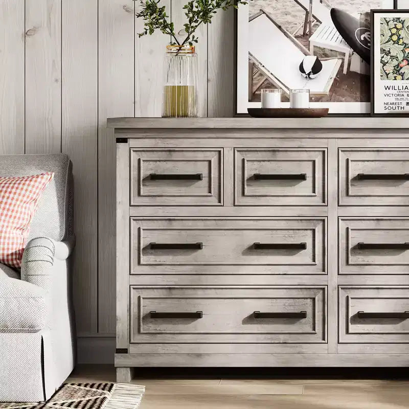 Commode de chambre à 8 tiroirs, 55 po de large, en bois avec poignées métalliques, grande commode meuble TV, organisateur de commodes de rangement pour placard, chambre à coucher