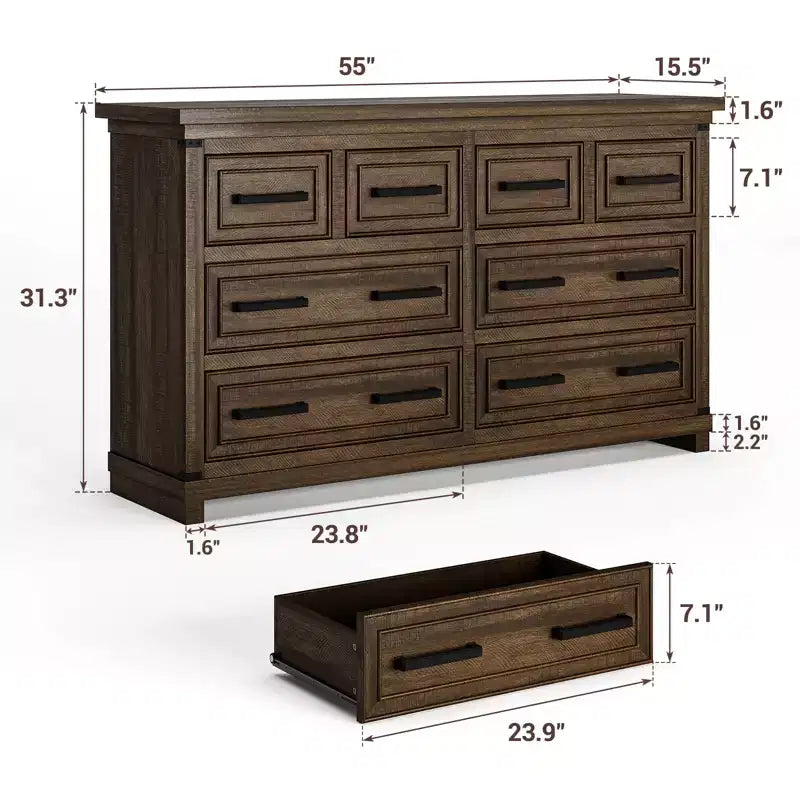 Commode de chambre à 8 tiroirs, 55 po de large, en bois avec poignées métalliques, grande commode meuble TV, organisateur de commodes de rangement pour placard, chambre à coucher