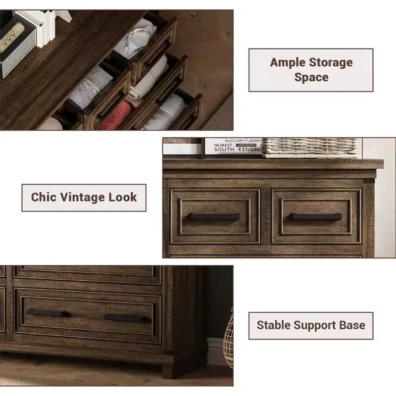 Commode de chambre à 8 tiroirs, 55 po de large, en bois avec poignées métalliques, grande commode meuble TV, organisateur de commodes de rangement pour placard, chambre à coucher