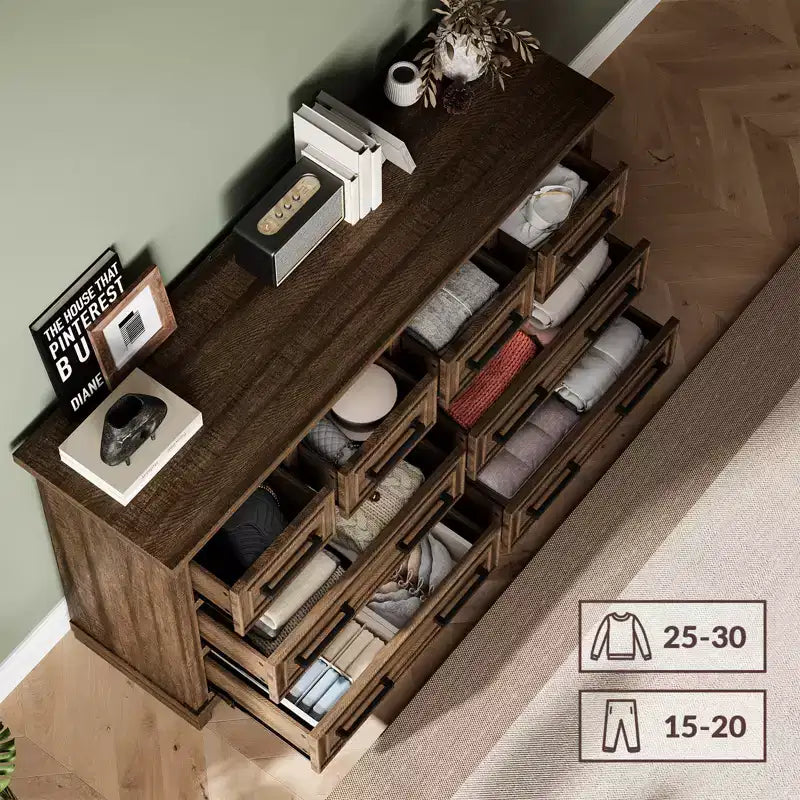 Commode de chambre à 8 tiroirs, 55 po de large, en bois avec poignées métalliques, grande commode meuble TV, organisateur de commodes de rangement pour placard, chambre à coucher