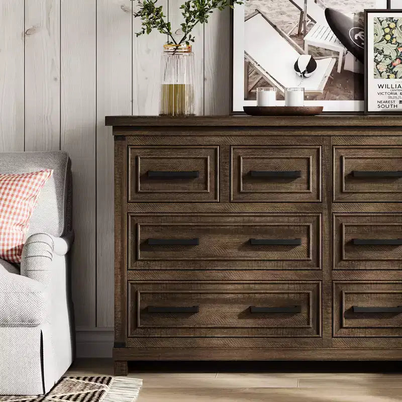 Commode de chambre à 8 tiroirs, 55 po de large, en bois avec poignées métalliques, grande commode meuble TV, organisateur de commodes de rangement pour placard, chambre à coucher