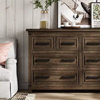 Commode à 8 tiroirs pour chambre à coucher, commode en bois de 55" de large avec poignées métalliques, grande commode meuble TV, commode de rangement pour placard, chambre à coucher