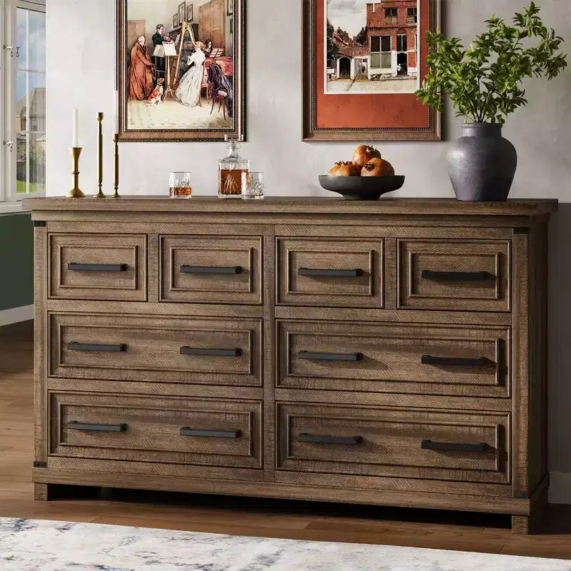 Commode de chambre à 8 tiroirs, 55 po de large, en bois avec poignées métalliques, grande commode meuble TV, organisateur de commodes de rangement pour placard, chambre à coucher