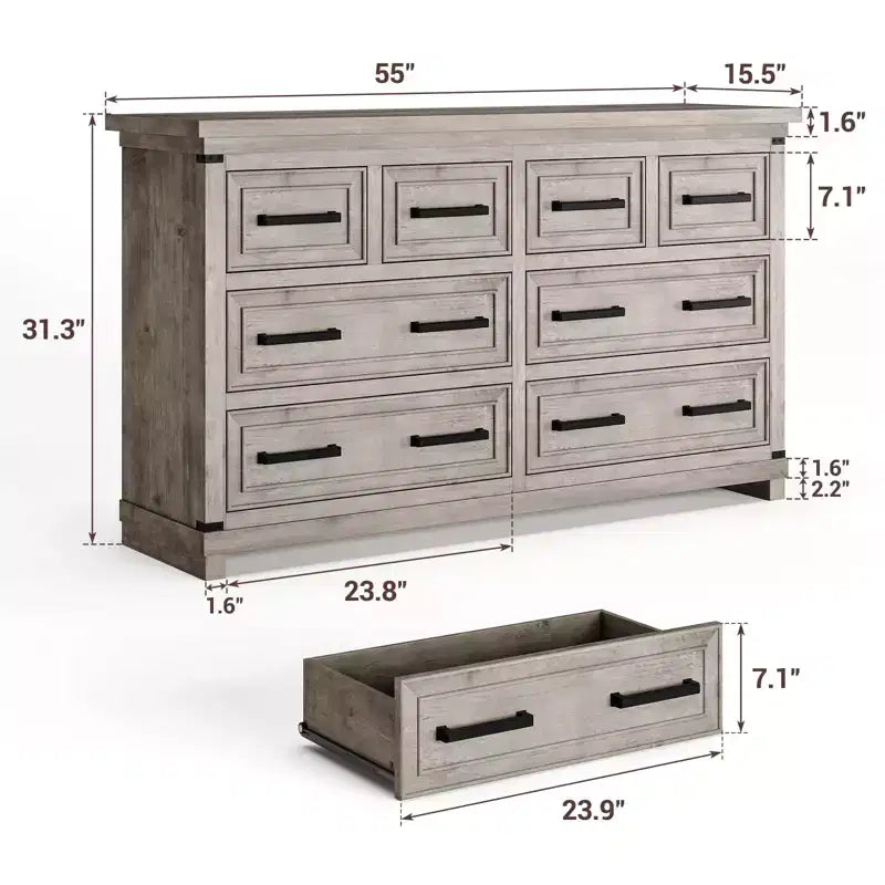 Commode de chambre à 8 tiroirs, 55 po de large, en bois avec poignées métalliques, grande commode meuble TV, organisateur de commodes de rangement pour placard, chambre à coucher