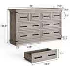 Commode à 8 tiroirs pour chambre à coucher, commode en bois de 55" de large avec poignées métalliques, grande commode meuble TV, commode de rangement pour placard, chambre à coucher