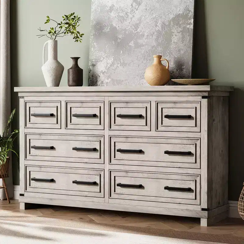 Commode de chambre à 8 tiroirs, 55 po de large, en bois avec poignées métalliques, grande commode meuble TV, organisateur de commodes de rangement pour placard, chambre à coucher