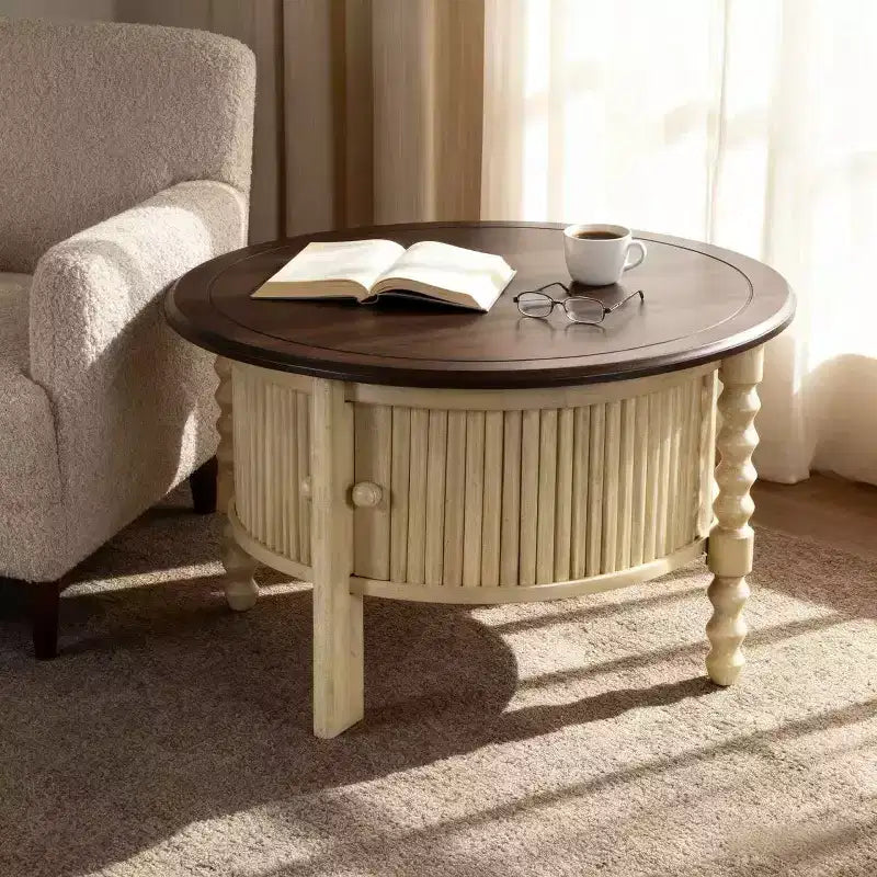 Table Basse Ronde en Bois avec Porte Coulissante et Pieds Massifs