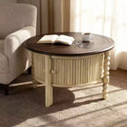 Table Basse Ronde en Bois avec Porte Coulissante et Pieds Massifs